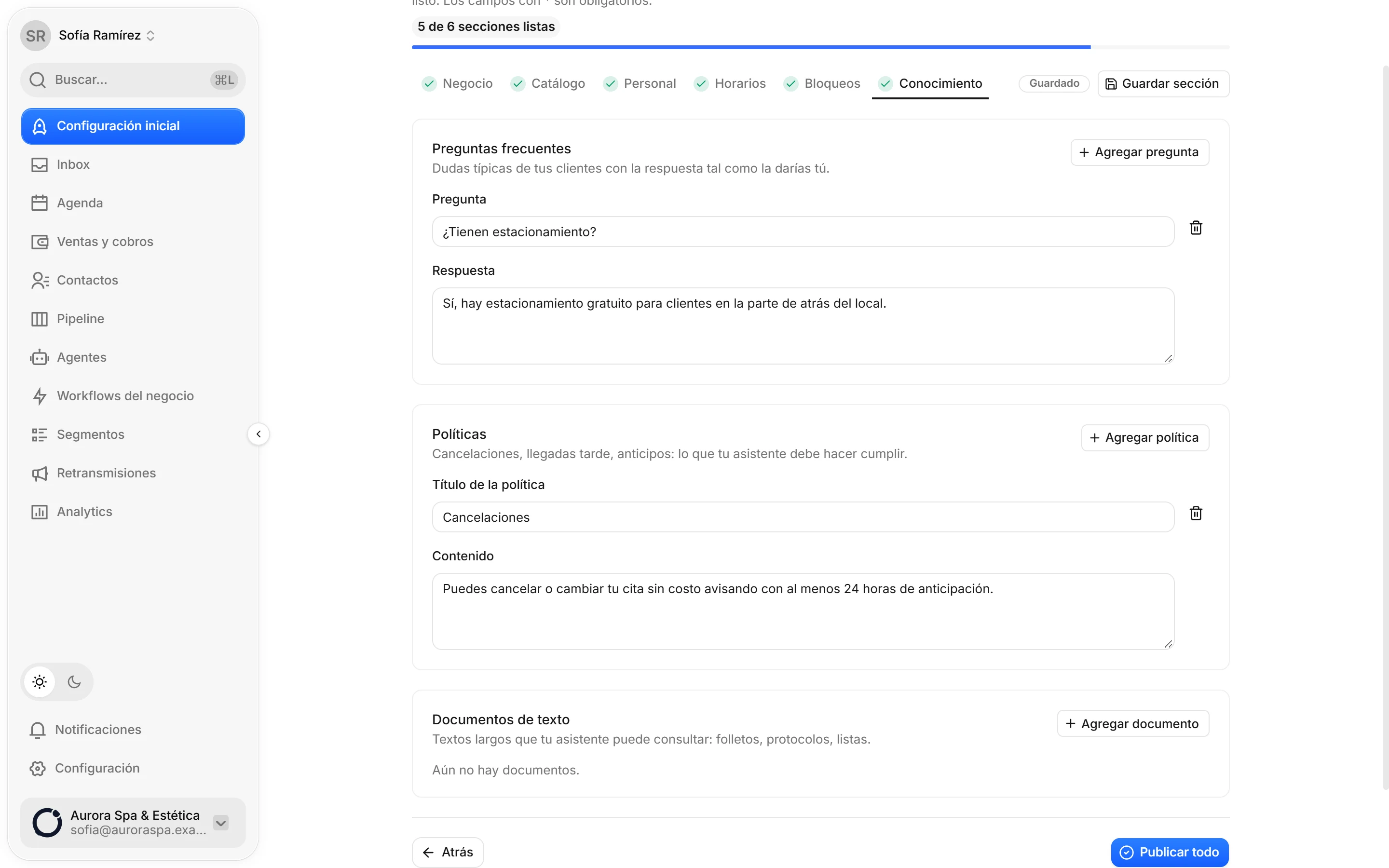 Captura de OMBE: Agrega preguntas frecuentes y políticas