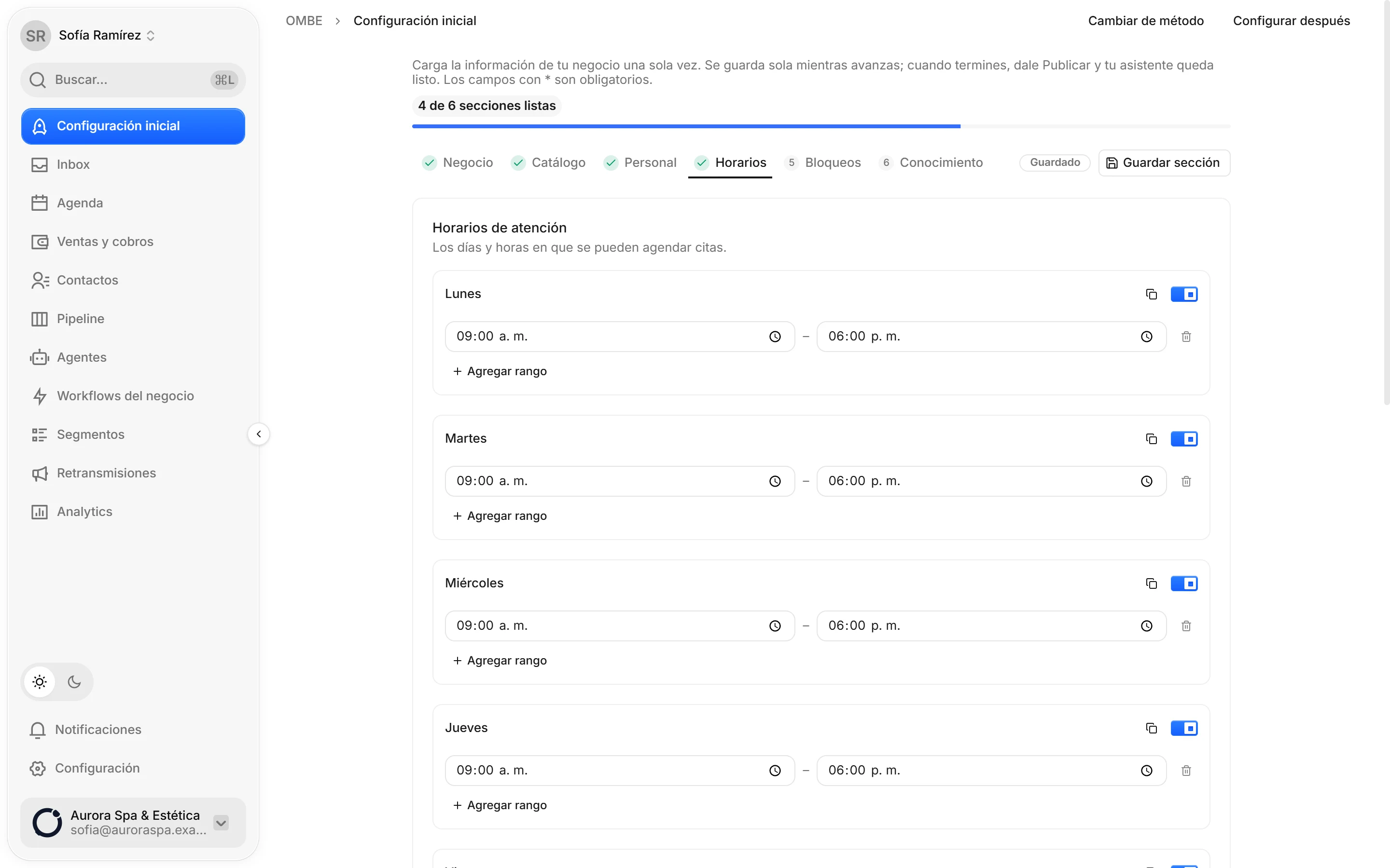 Captura de OMBE: Define tus horarios de atención